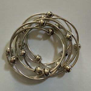 Silver Tone Stackable Bangle Bracelets(6) Stretch Linked With Bead Spacers,Light